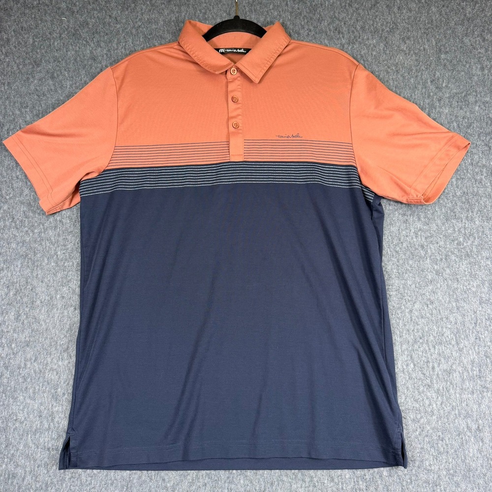 Travis Mathew Polo Shirt Mens Large Orange Navy Blue Colorblock Striped Golf Top